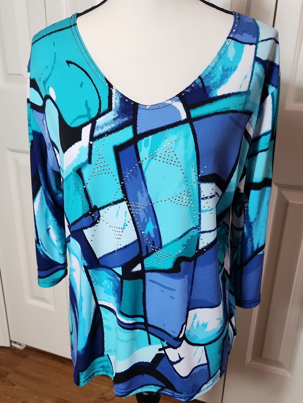 Valentina Blue Teal Abstract V-Neck Tunic with Rhinestones